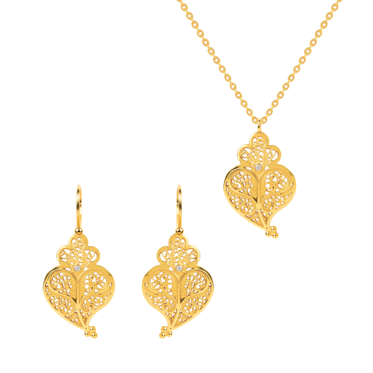 Conjunto Coração Cheio em Ouro 19,2Kt com Diamante