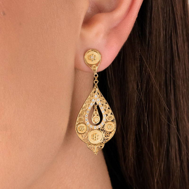 Brincos Lágrima Círculos em Ouro 19.2Kt com Diamantes