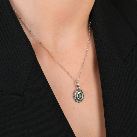 Colar Verde Marcassites em Prata e Ouro