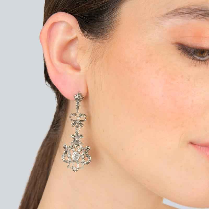 Brincos Catarina com Marcassites e Pérola em Prata