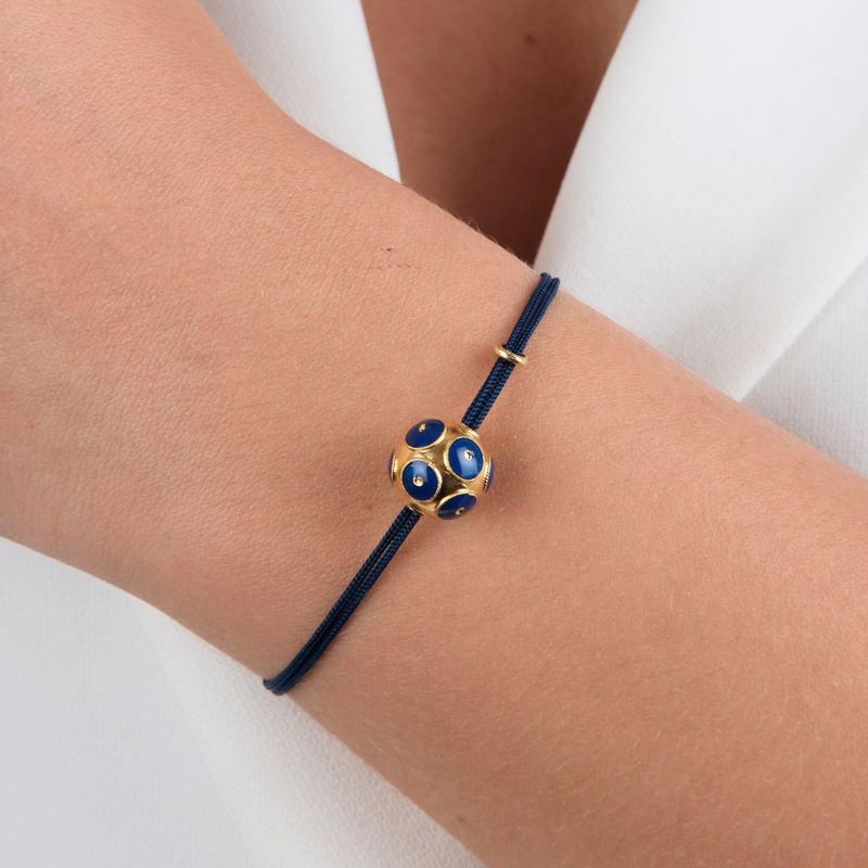 Pulseira Conta de Viana Azul em Prata Dourada com Fio