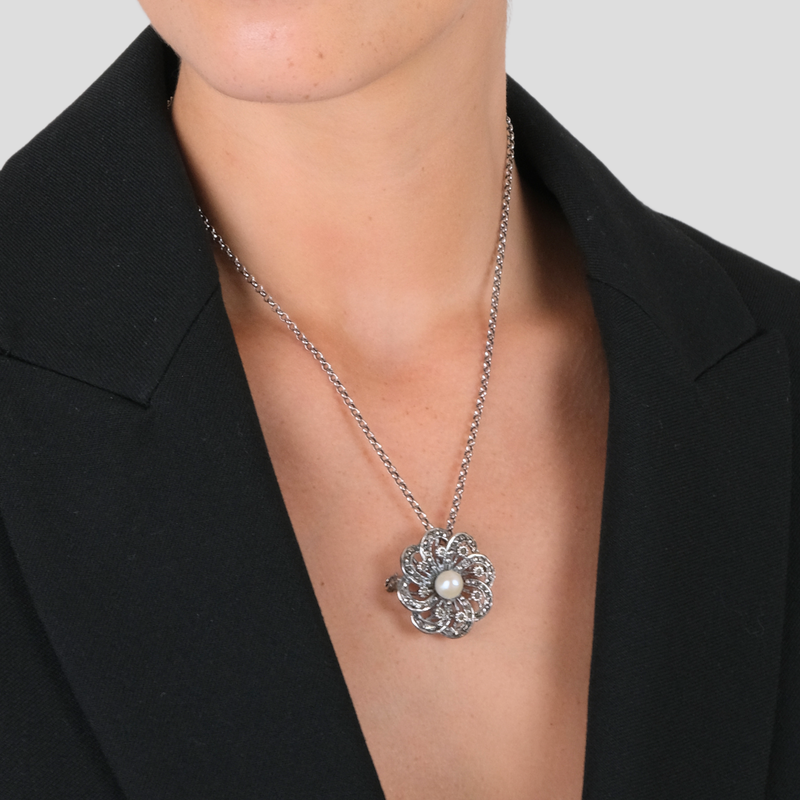 Brooch Flower Marcasites in Silver with Pearl