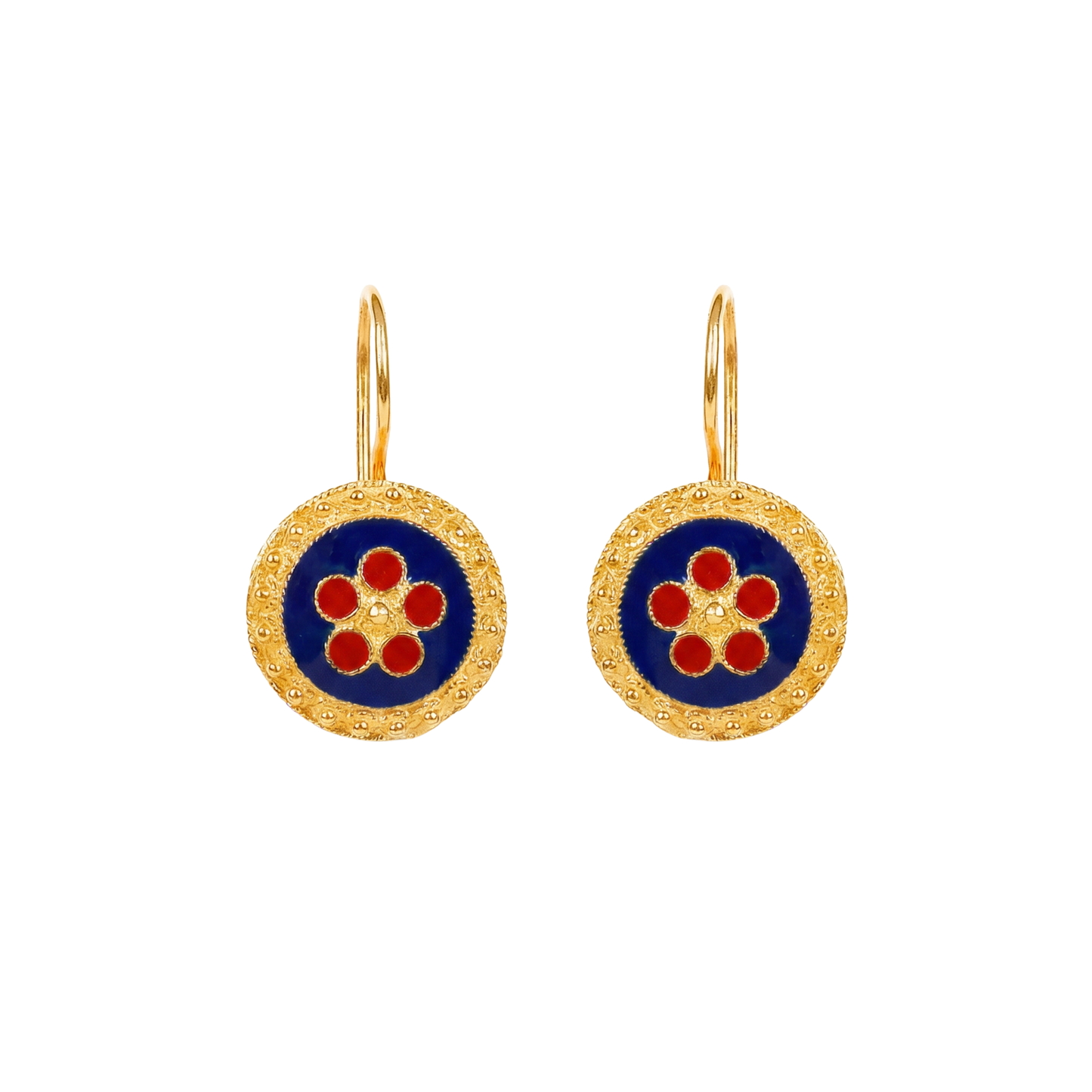 Boucles d'Oreilles Caramujo Bleu et Rouge en Argent Plaqué Or
