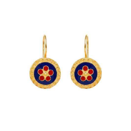 Pendientes Caramujo Azul y Rojo de Plata Bañada en Oro
