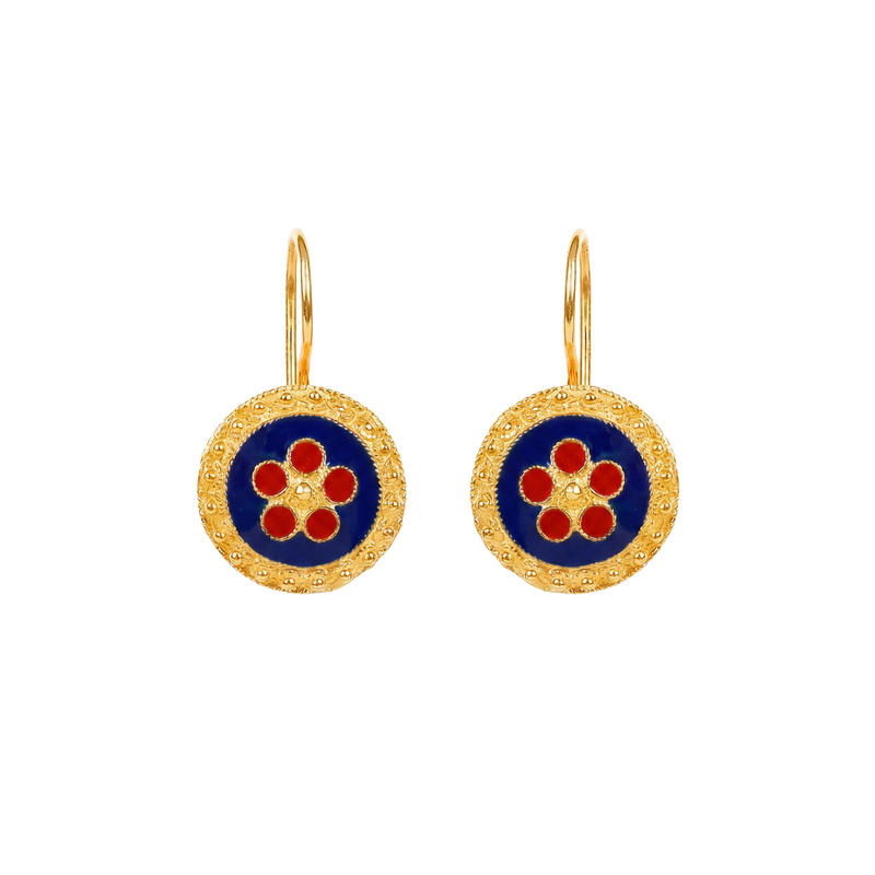 Boucles d'Oreilles Caramujo Bleu et Rouge en Argent Plaqué Or