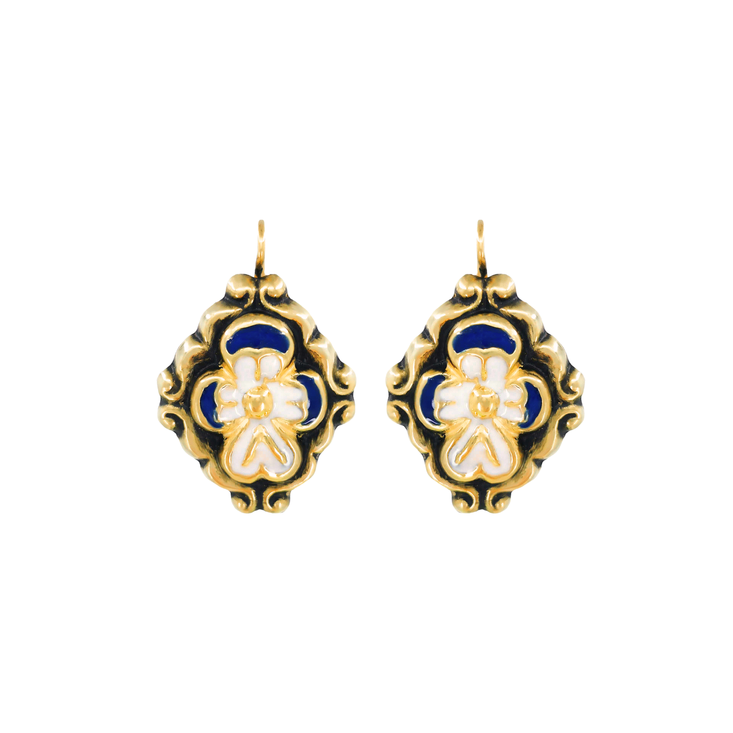 Brincos Barroco Esmalte Azul em Prata Dourada