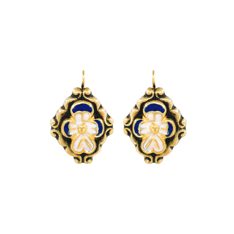 Brincos Barroco Esmalte Azul em Prata Dourada