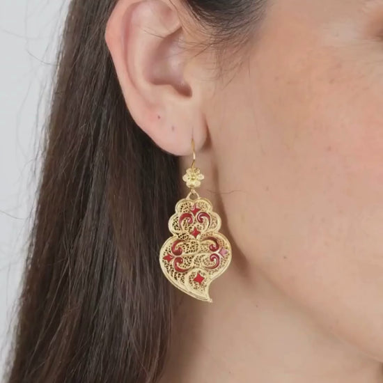 Earrings Heart of Viana Red Azulejo in Gold Plated Silver