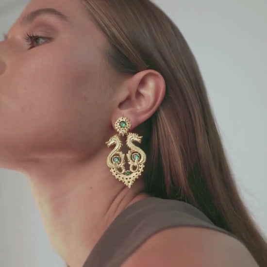 Earrings Queen Dragon XL Green in Gold Plated Silver
