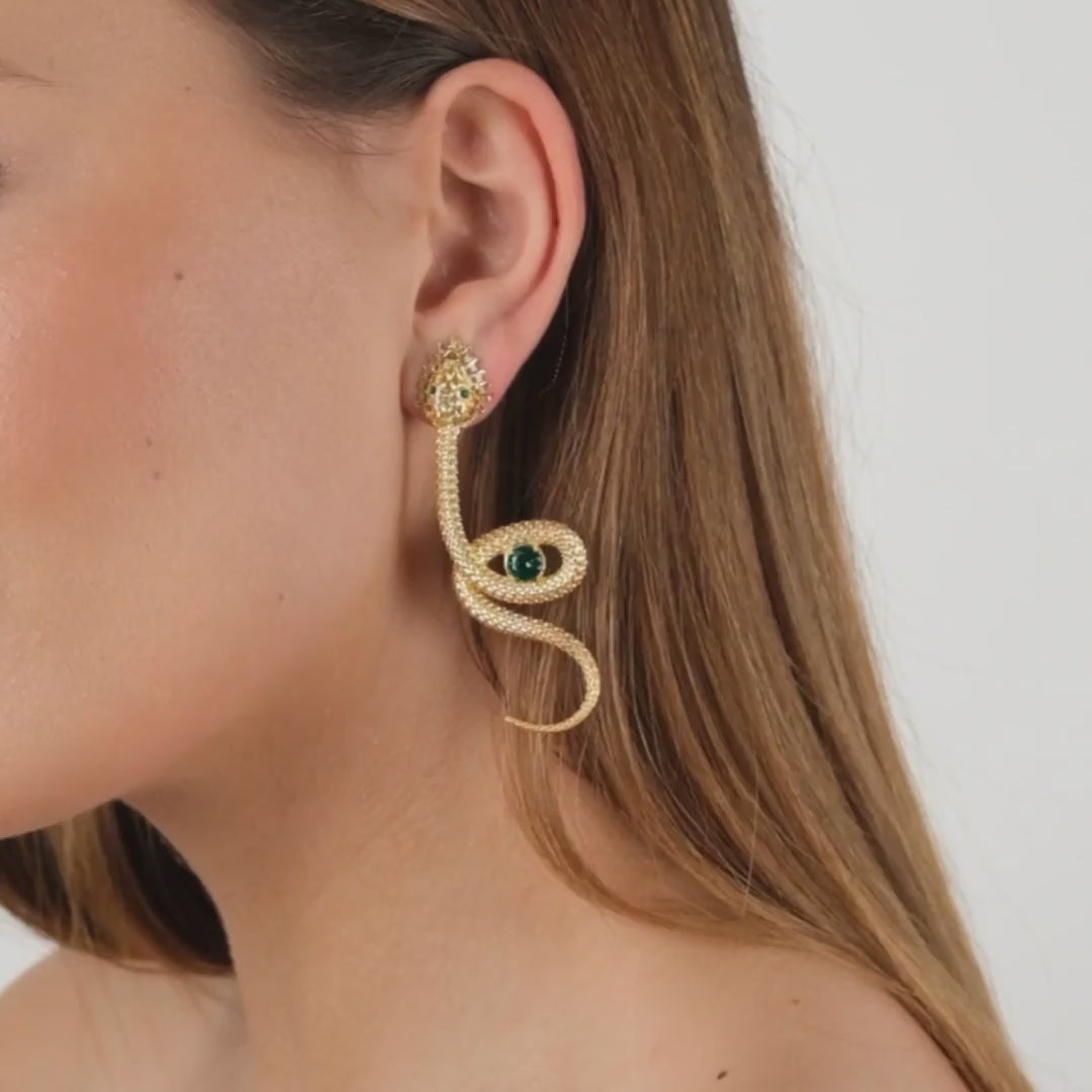 Earrings Snake Green in Gold Plated Silver