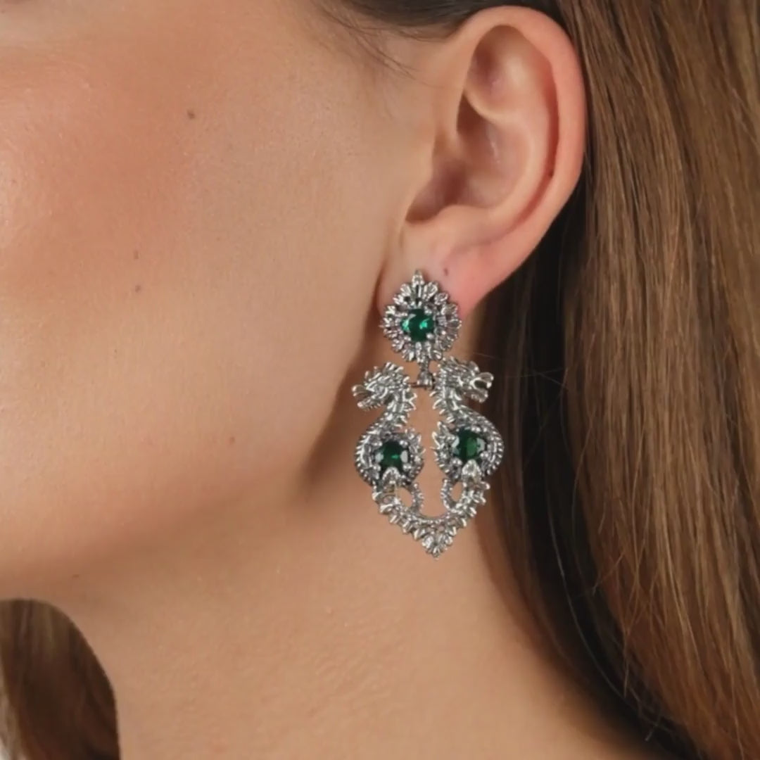 Earrings Queen Dragon Green in Silver