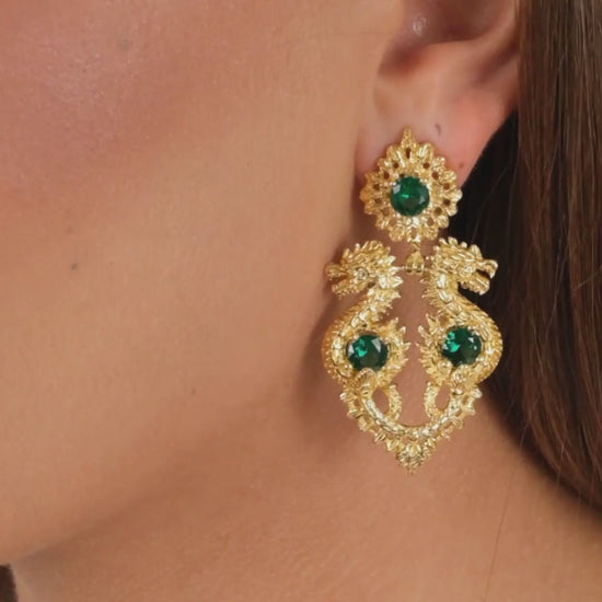 Earrings Queen Dragon Green in Gold Plated Silver